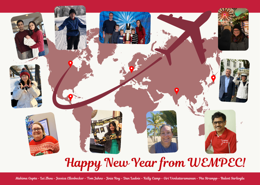 The WEMPEC 2025 News Year Card - a collection of pictures of WEMPEC faculty and staff over a map of the world.