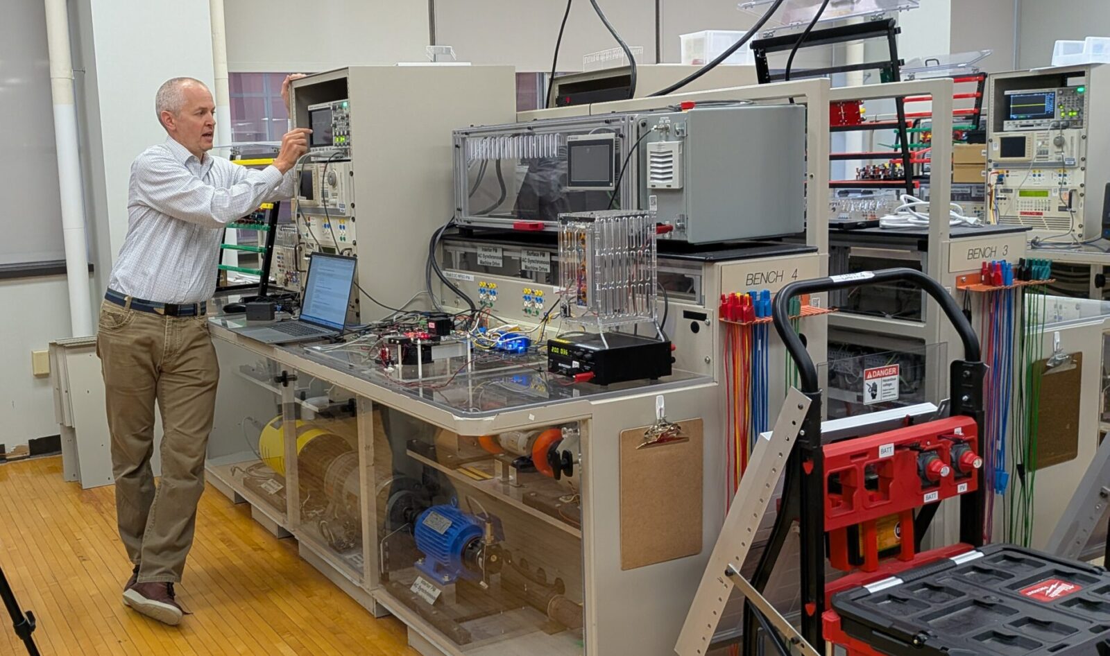 Prof. Patrick Flannery running a live demonstration in the Grainger Teaching Studio during the "Introduction to Electric Machines and Drives" short course